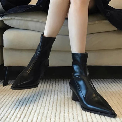 Pointed Toe Black Matte Simple Versatile Modern Ankle Boot