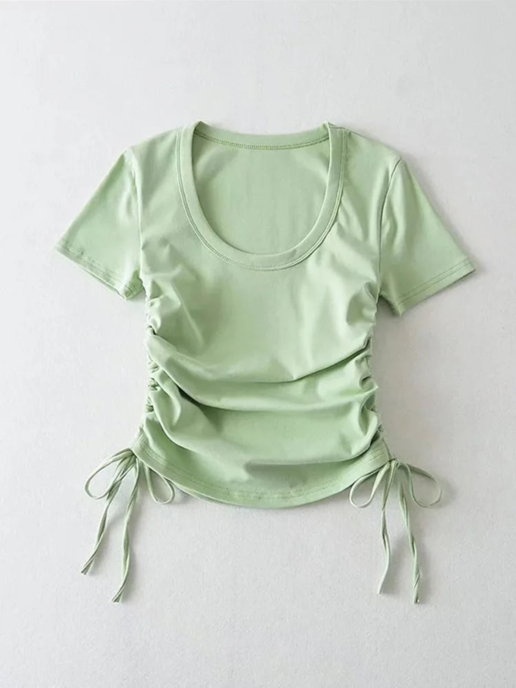 Slim ’s Crop Tops Summer Short Sleeved Crewneck Side Drawstring Bottoming Shirt T-shirt Top