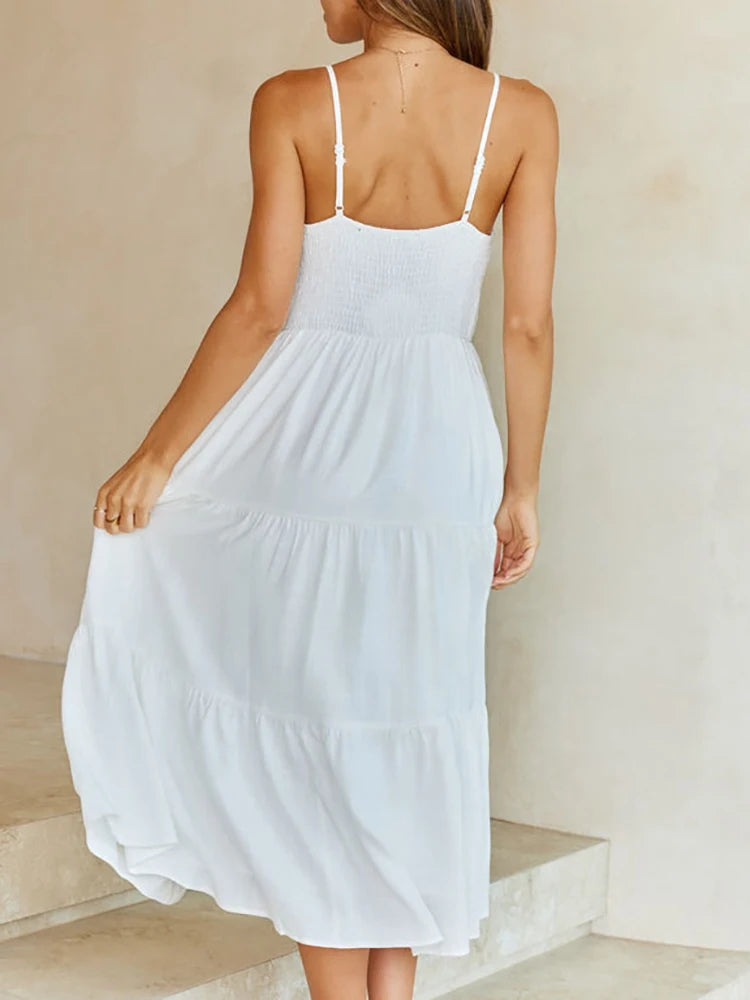 Color Spaghetti Strap a Line Basic Backless Midi Dresses