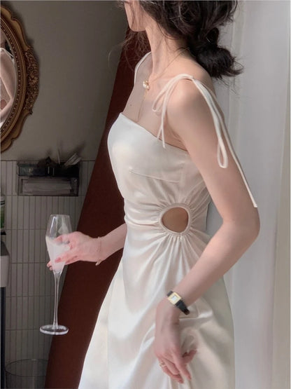 Spaghetti Strap Satin Midi Dress Hollow Out Slim Waist Summer Prom Roe One Piece Vestidos Mujer New