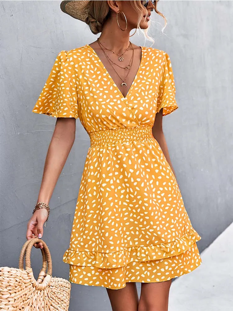 V Neck Mini Short Lotus Leaf Midi Dresses