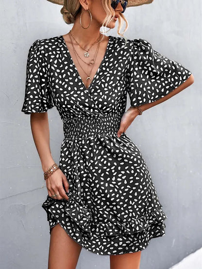 V Neck Mini Short Lotus Leaf Midi Dresses