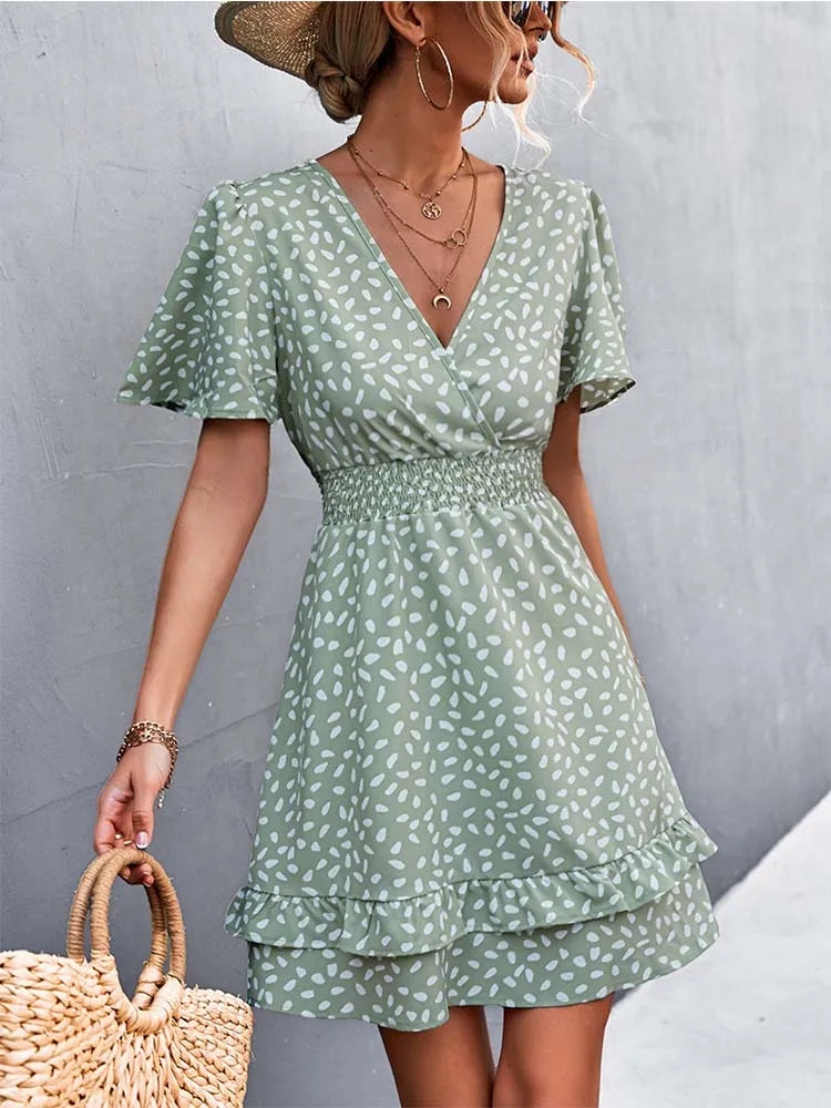 V Neck Mini Dress for Slim Short Dresses Female Lotus Leaf Sleeve Dress