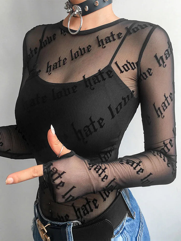 Mesh T-shirts See-through Perspective Tshirt Letter Printed O Neck Transparent Long Sleeve T Shirt Tops