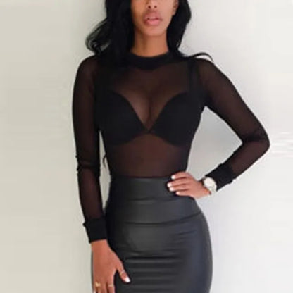 T Shirt See Through Transparent Mesh Tops Long Sleeve Sheer Slim Turtleneck T-shirt