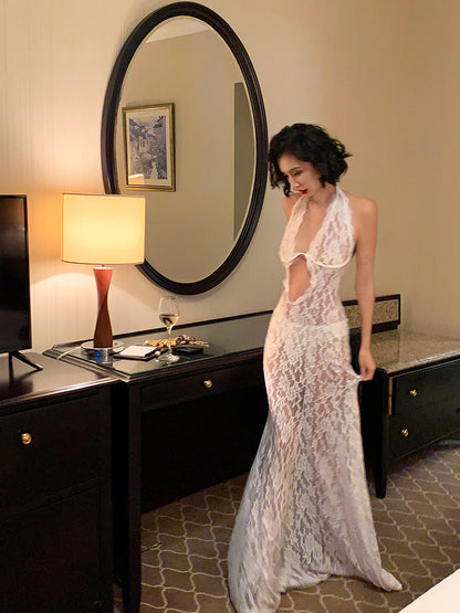 Lace Halter Backless Maxi Dress