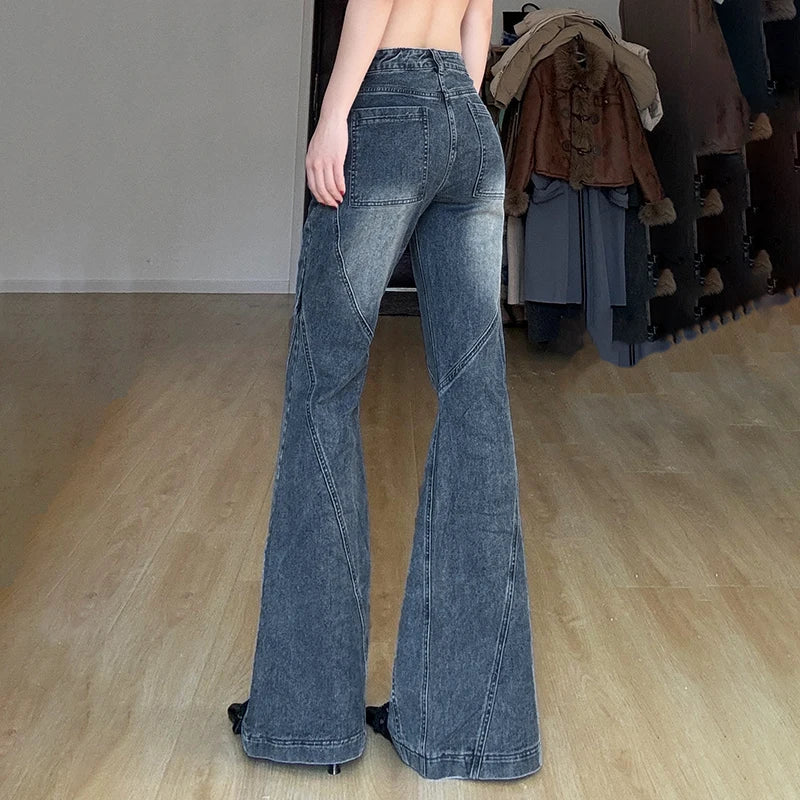 Y2k Low Waisted Washed Flare Jeans Korean Blue Slim Fit Denim Pants Lady Boot Cut Trousers