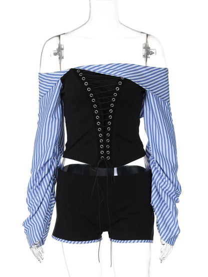 Long Sleeve Striped Long Sleeve Corset Shirts + Shorts 2 Piece Sets High Street Tunics Bandage Female Suit