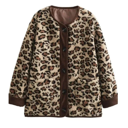 Leopard Print Single Breasted Jacket O Neck Long Sleeves Pocket Coat New Lady Warm Outerwear