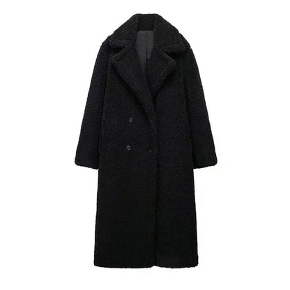 Thicken Warm Outwear Furry Double Breasted Loose Turn-down Collar Long Coat Female Winter Jackets