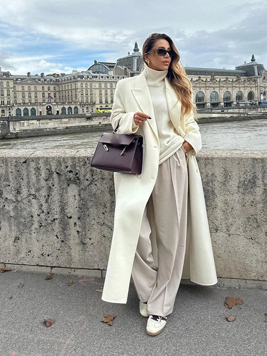 White Double Breasted Loose Woolen Coat Oversized Long Sleeve Overcoat Fall Winter New Outerwear