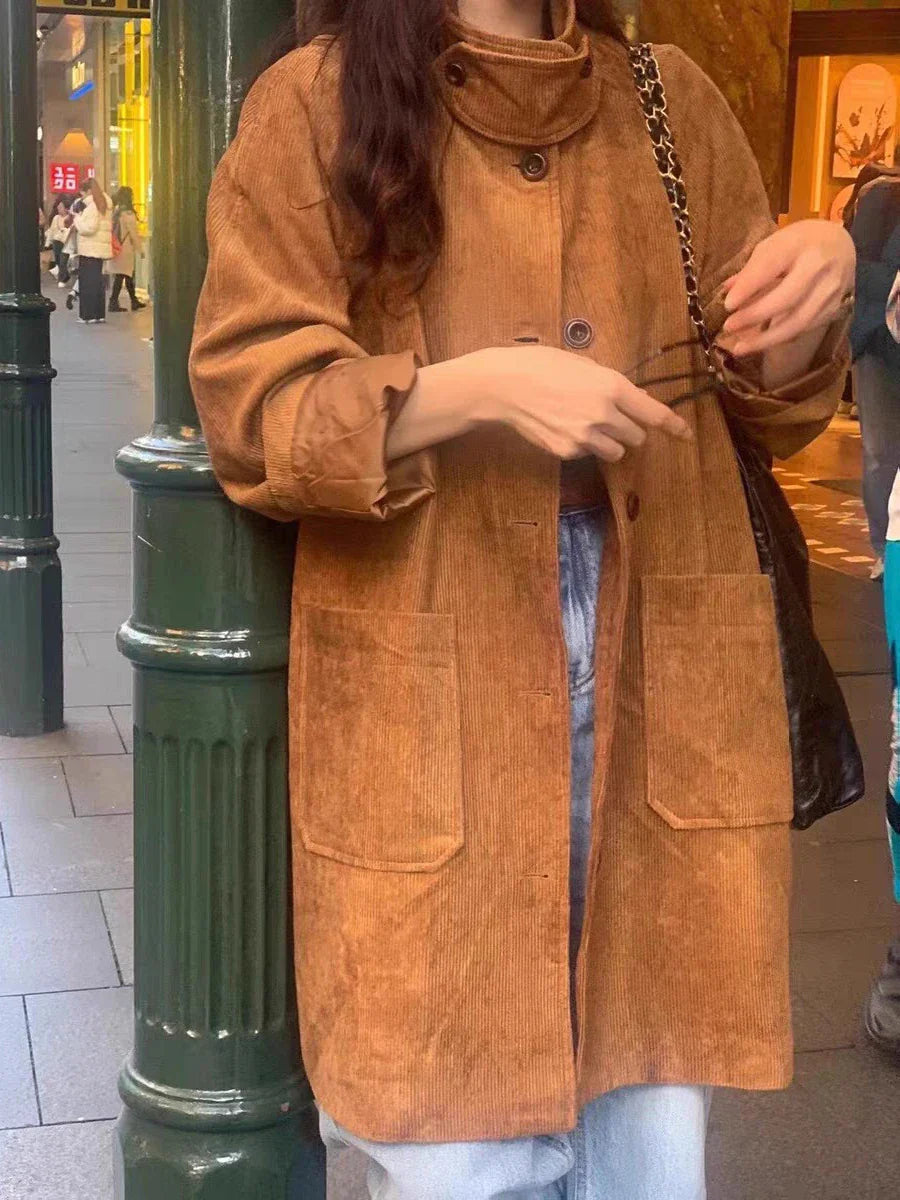 Color Corduroy Trench Coat Autumn Winter Single Breasted Stand Collar Long Outerwear Jacket