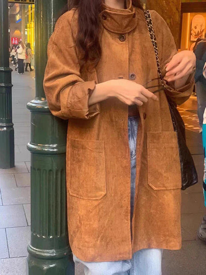 Color Corduroy Trench Coat Autumn Winter Single Breasted Stand Collar Long Outerwear Jacket
