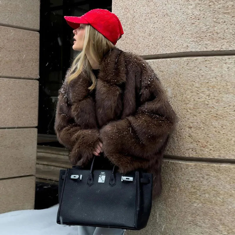 Furffy Thicken Jackets Faux Fur Loose Lapel Long Sleeves Warm Coats Female Winter Soft Outwears Lady