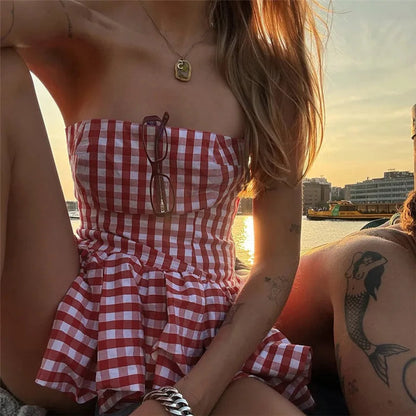 Spring Summer Plaid Tops for Strapless Off Shoulder Backless Ruched Red T-shirt Sleeveless Tees Top