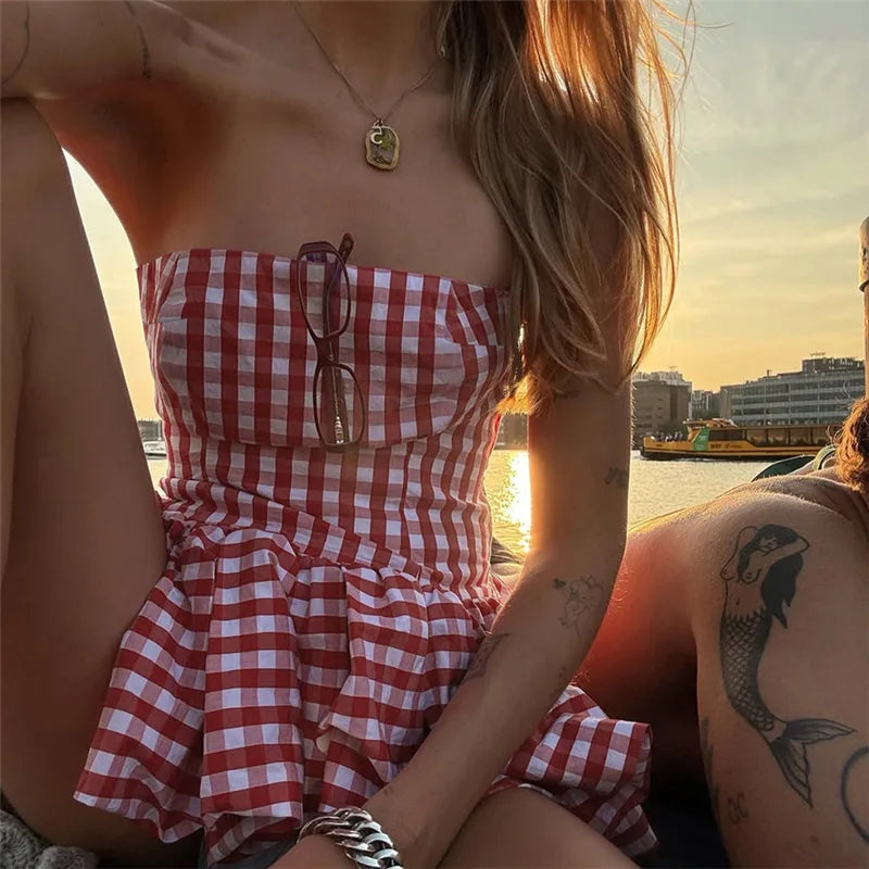 Spring Summer Plaid Tops for Strapless Off Shoulder Backless Ruched Red T-shirt Sleeveless Tees Top