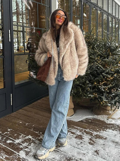 Furffy Thicken Jackets Faux Fur Loose Lapel Long Sleeves Warm Coats Female Winter Soft Outwears Lady