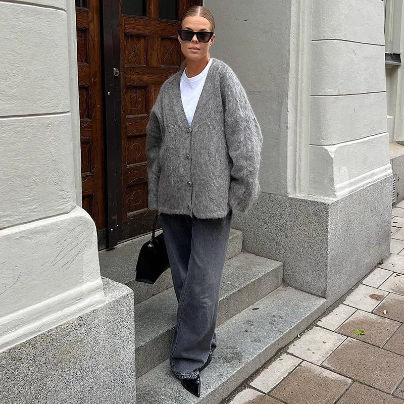 Knitted Cardigans Single Breasted V-neck Loose Long Sleeve Sweater Winter Gray All-match Coat Tops