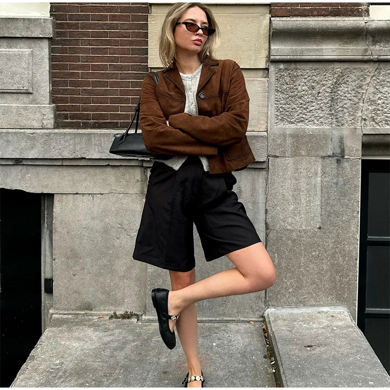 Retro Suede Female Blazer Jacket Lapel Single Breasted Long Sleeve Lady Short Coat Autumn Winter Pockets Lady Outwear