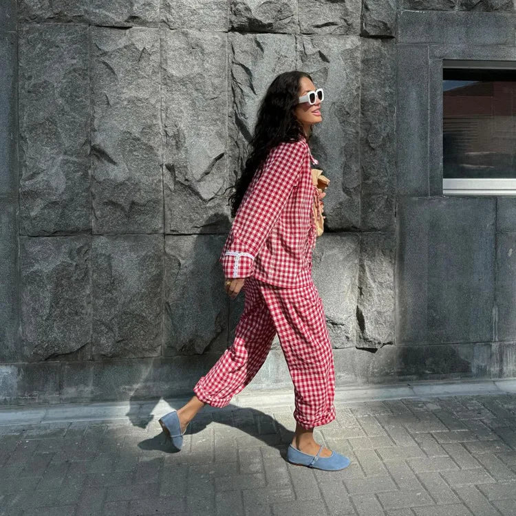 Red Plaid Wide Leg Pants Sets Long Sleeve Lace-up Blouse+elastic Waist Trouser Lace Trim 2 Piece Set New