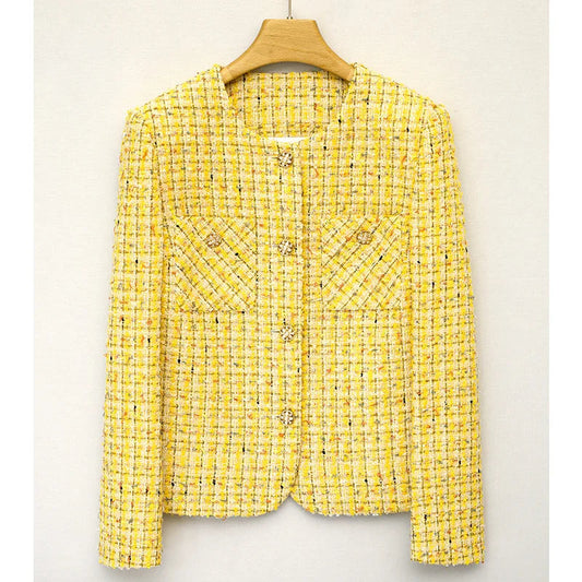 Yellow Woven Tweed Coat - Small Fragrance Jacket