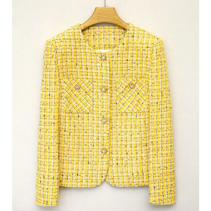 Yellow Woven Tweed Coat - Small Fragrance Jacket