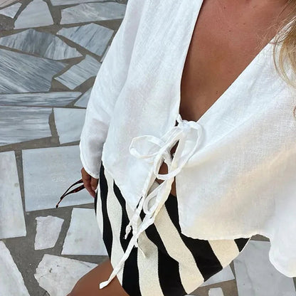 Lace Up Bow Cotton Linen Flare Sleeve Blouse