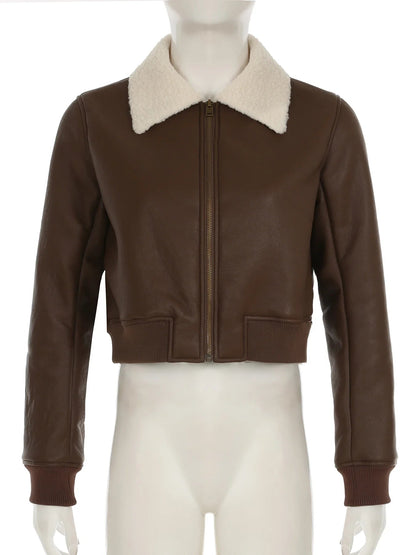 Patchwork Pu Leather Jackets Basic Turn-down Collar Long Sleeve Coats Autumn Winter Lady