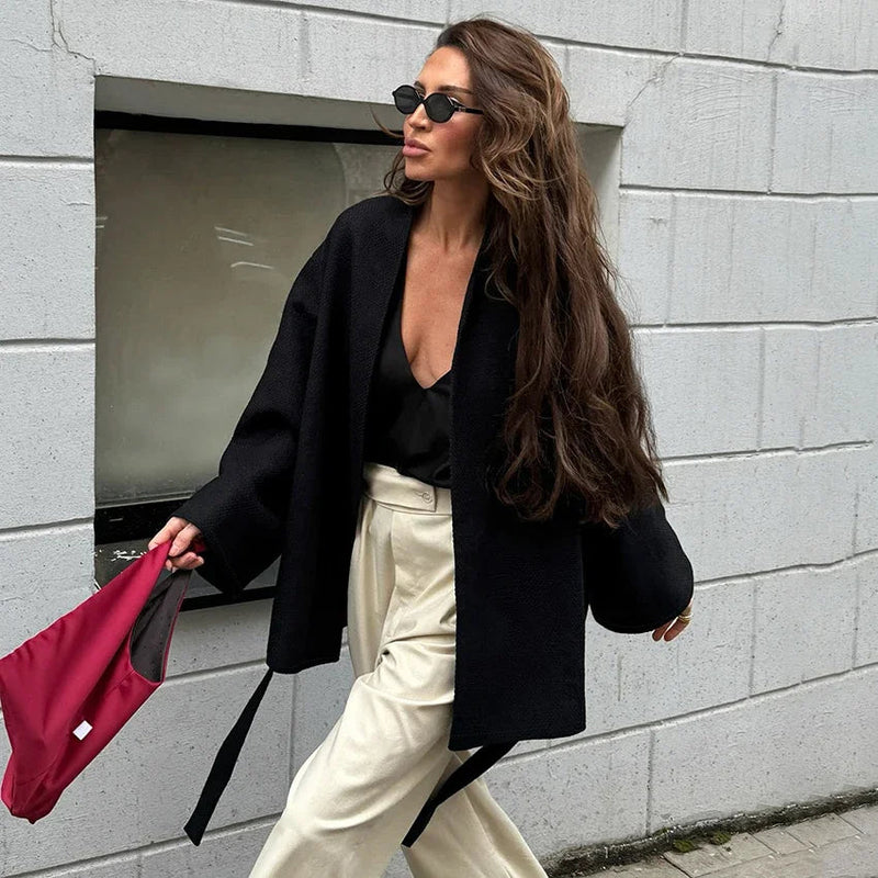 New Black Lace Up Overcoats Autumn Office Jackets Slim Fit Pleated Coat V-neck Commute for Lady Coats