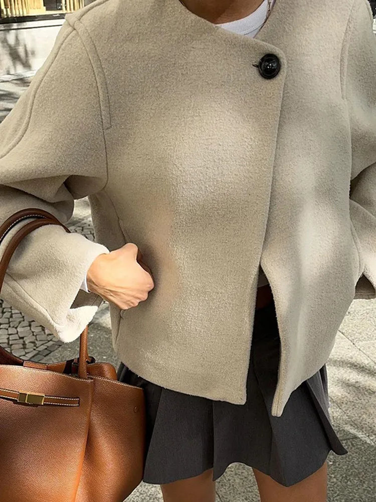 One Button O-neck Woolen Coats for Long Sleeve Cropped Oversized Jackets Lady High Street Outerwear New