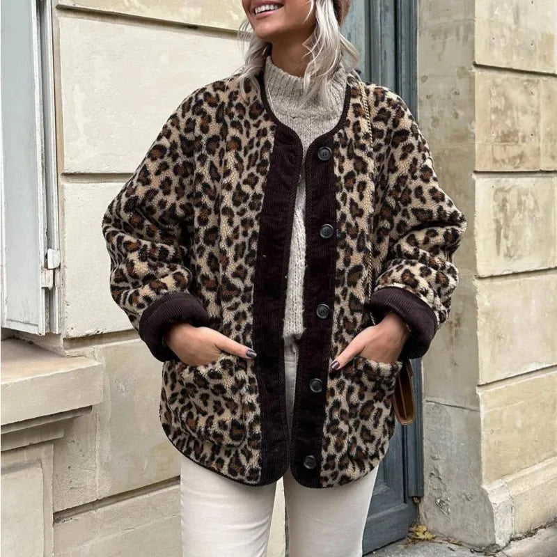 Leopard Print Single Breasted Jacket O Neck Long Sleeves Pocket Coat New Lady Warm Outerwear