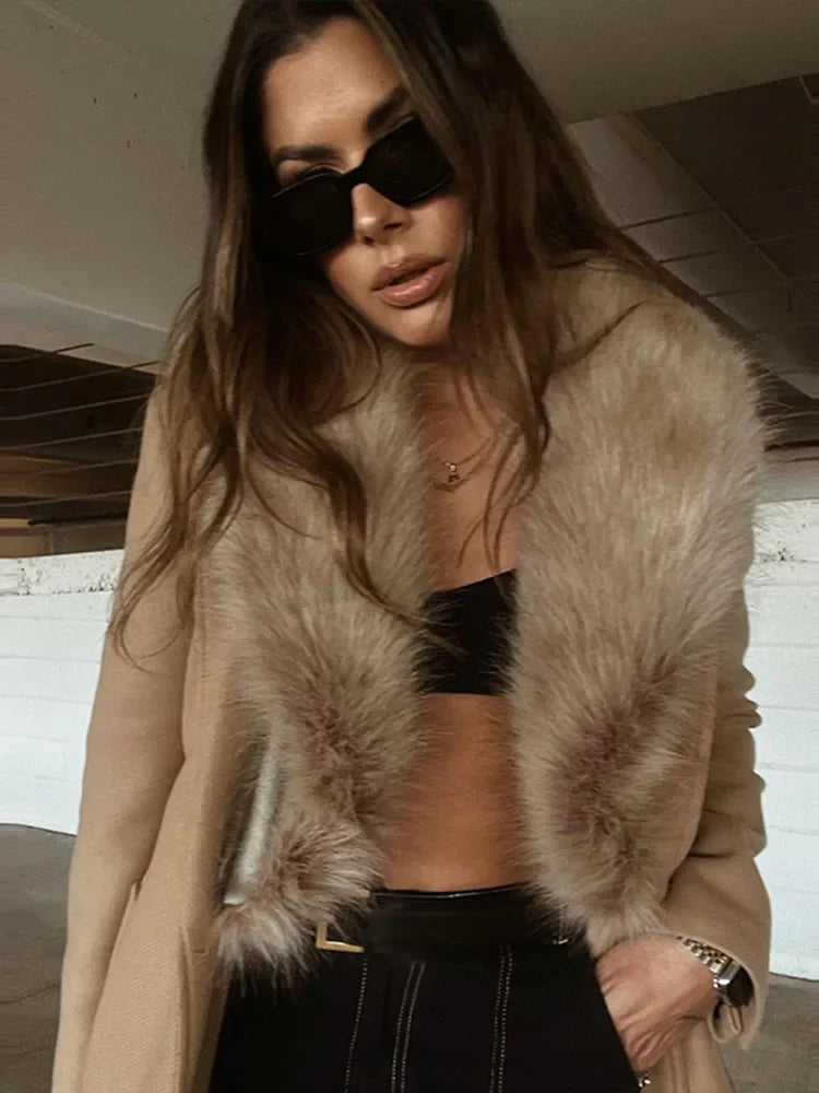 Faux Fur Patchwork Collar Woolen Belts Coat Button Up Pocket Thicken Warm Outwear Female Winter Jacket