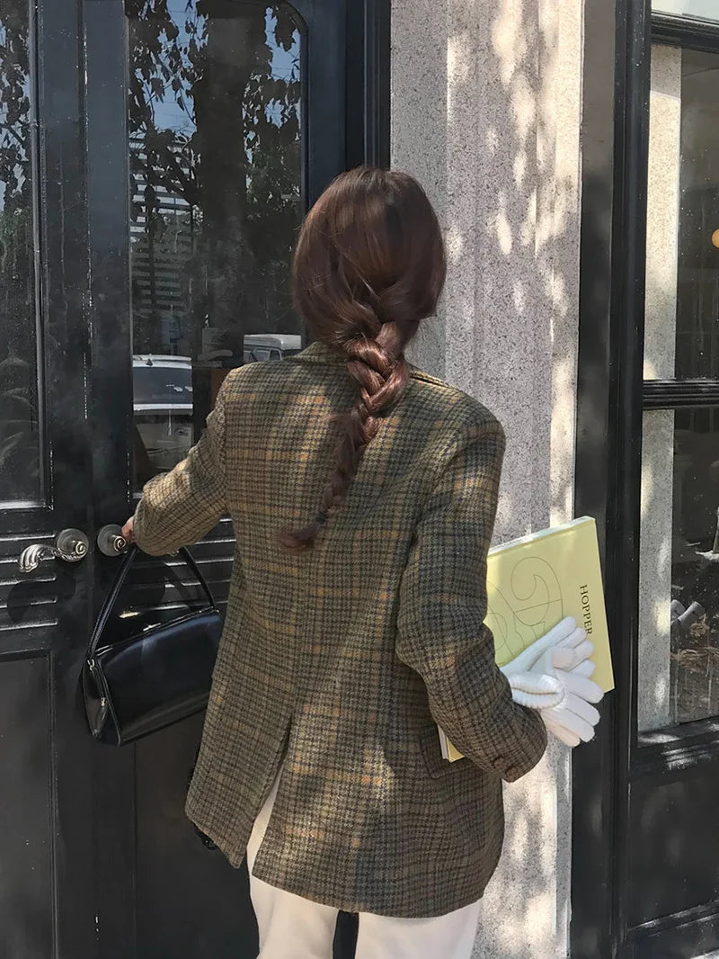 Wool Blends Coats Plaid Woolen Jacket Commute Blazer Korean Long Sleeve Outerwears Winter Overcoat
