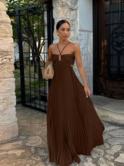 Pleated Blue Halter Maxi Dress
