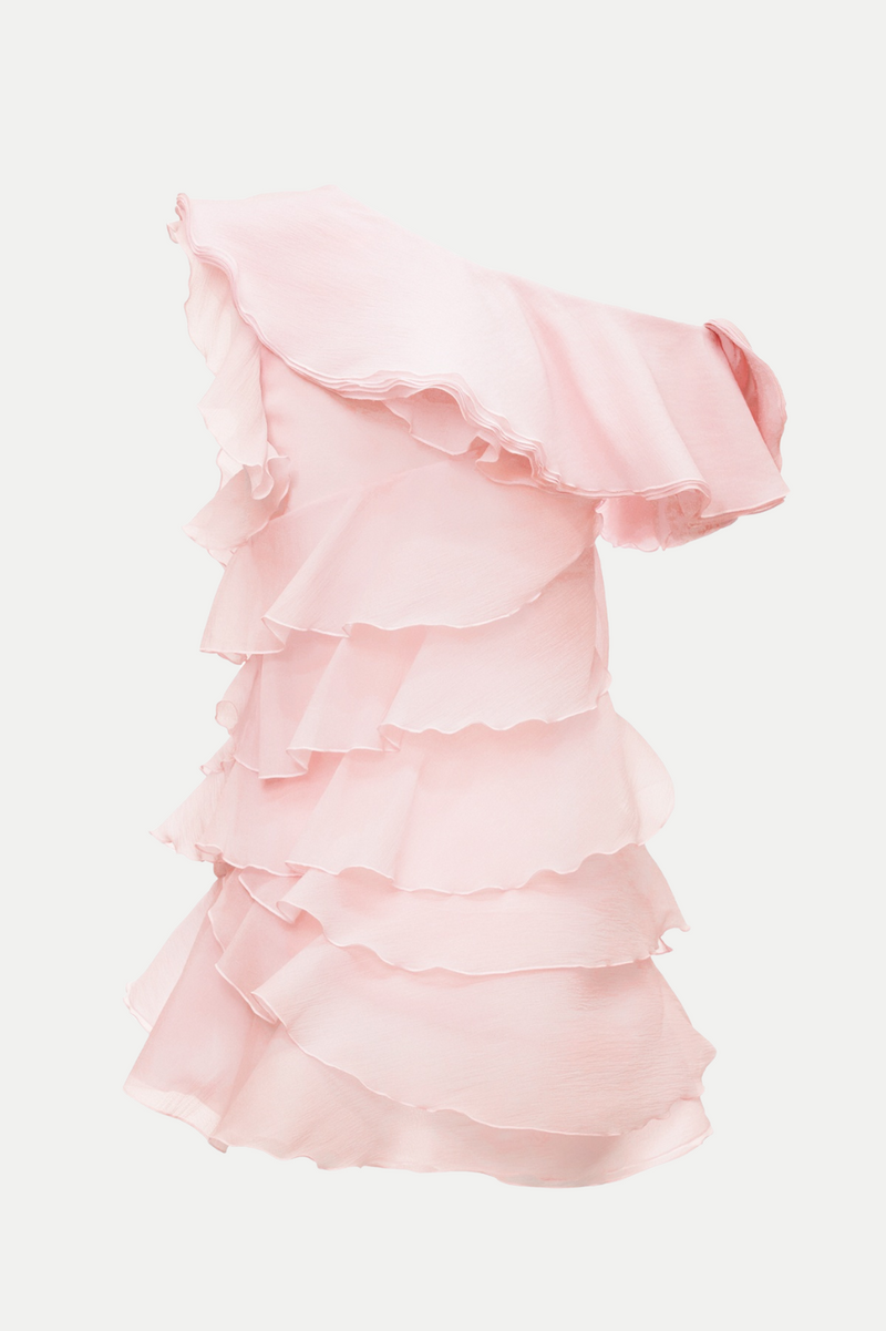 Shelyn Flower One Shoulder Ruffle Mini Dress - Pink