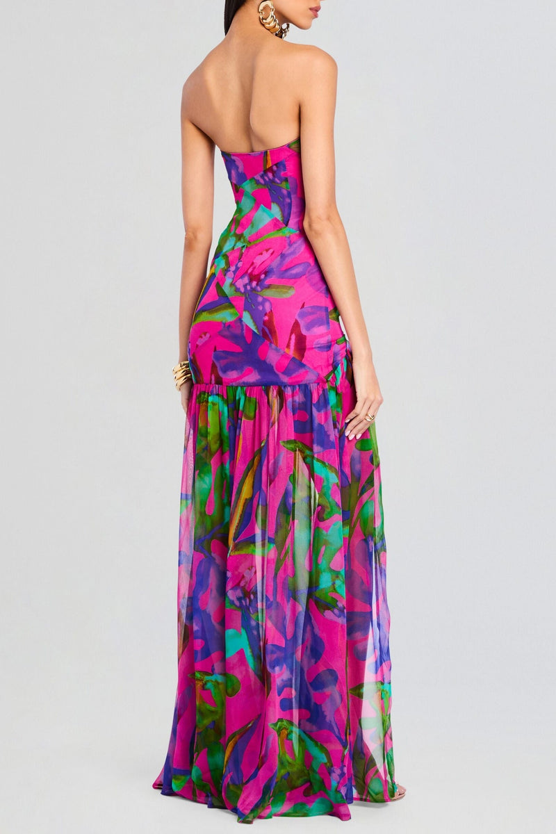 Shmaka Print Strapless Slit Maxi Dress - Purple