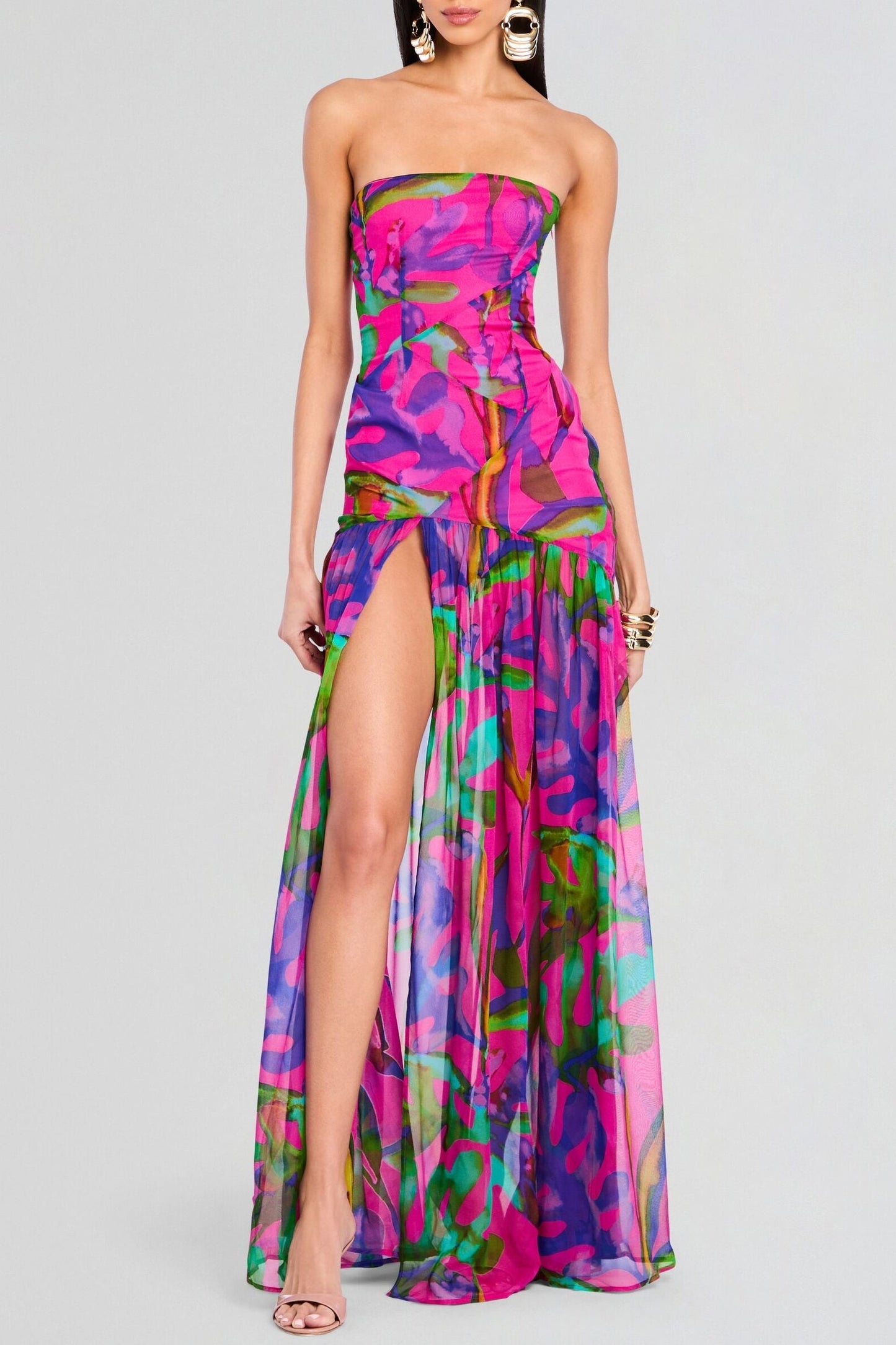 Shmaka Print Strapless Slit Maxi Dress - Purple