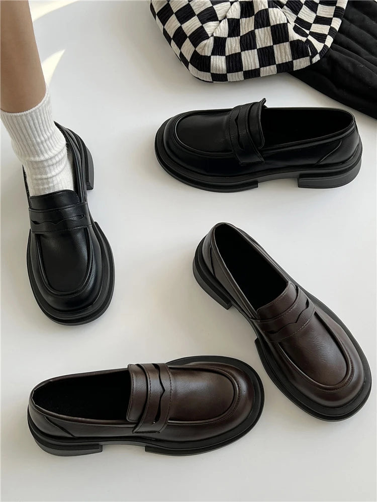 Shallow Mouth Round Toe Black Flats British Style Oxfords Sneakers Loafers