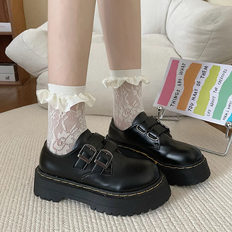 Fur Round Toe Black Flats British Style Oxfords Platform Sneakers Loafers