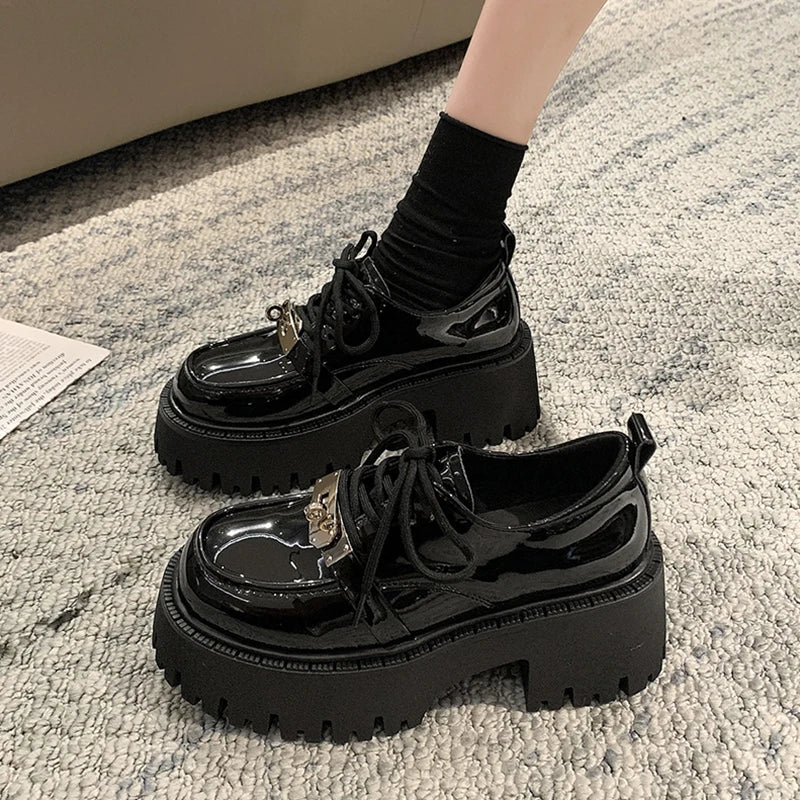 Fur Round Toe Black Flats British Style Oxfords Platform Sneakers Loafers