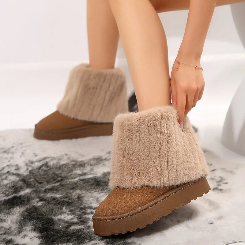 Slip-on Round Toe Flock Plush Warm Mid Heel Snow Boot