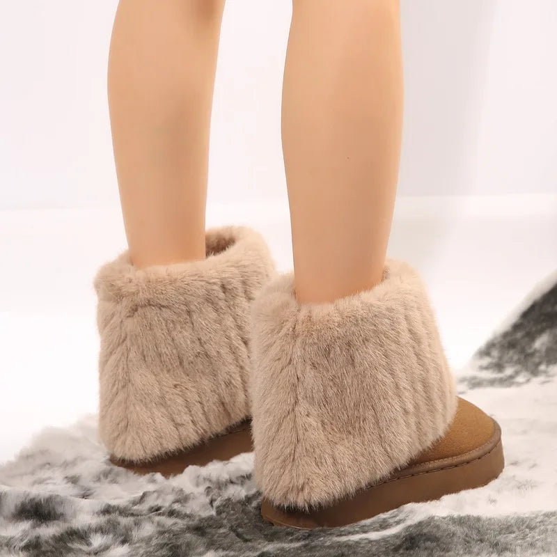 Slip-on Round Toe Flock Plush Warm Mid Heel Snow Boot