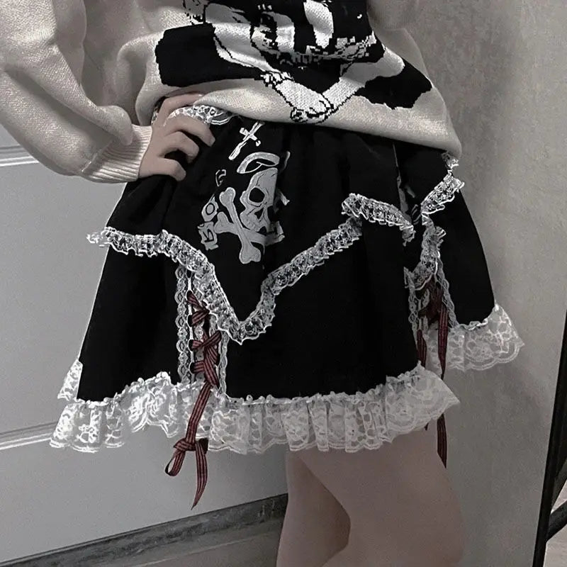 Short Dress Cosplay Subculture Y2k Lace Skeleton Gothic Trend Black High Waist Layered Skirt