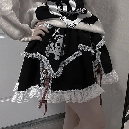Short Dress Cosplay Subculture Y2k Lace Skeleton Gothic Trend Black High Waist Layered Skirt