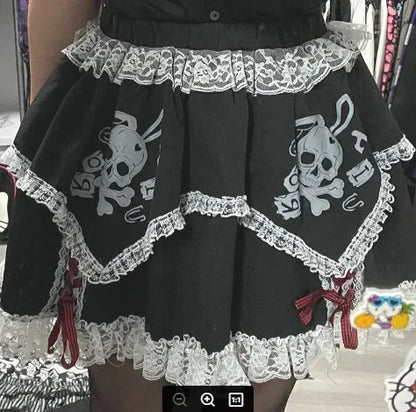 Short Dress Cosplay Subculture Y2k Lace Skeleton Gothic Trend Black High Waist Layered Skirt