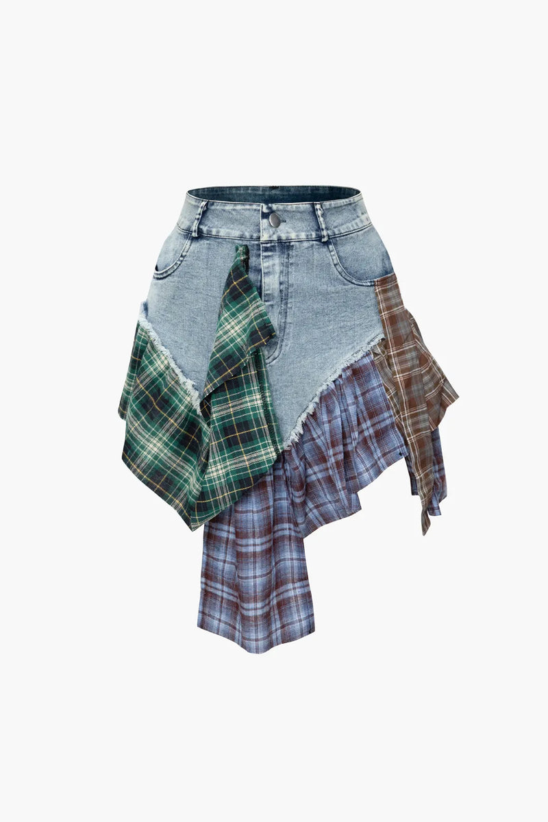 Silila Multi Color Asymmetric Patchwork Denim Mini Skirt