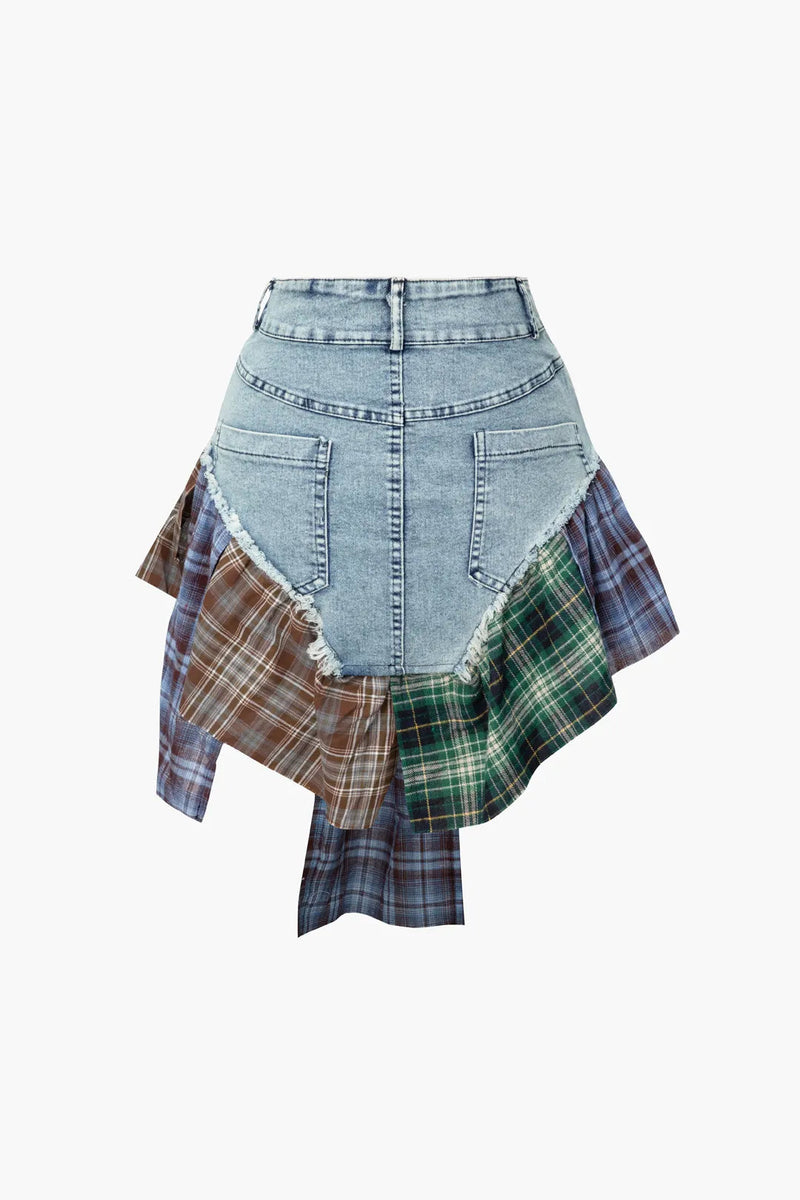 Silila Multi Color Asymmetric Patchwork Denim Mini Skirt