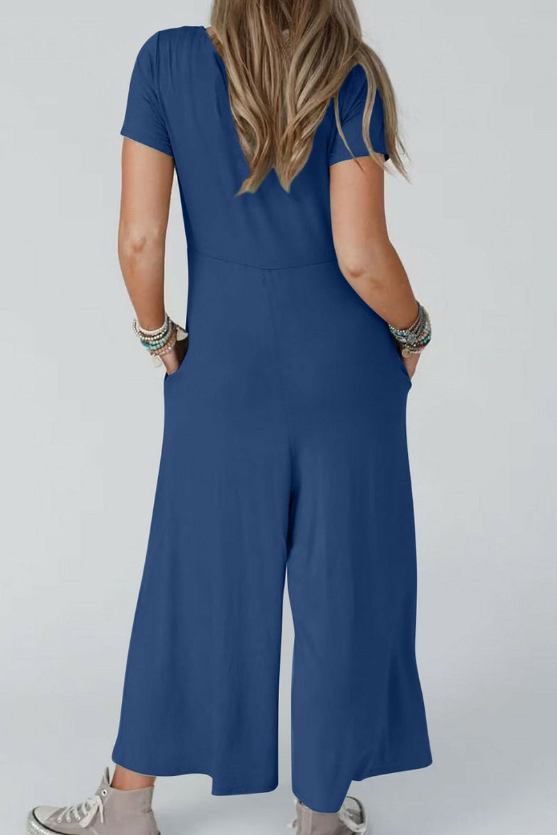 Single-breasted Short Sleeve Pocketed Jumpsuits