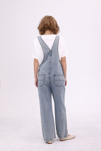 Slant Pocket Wide Leg Denim Overalls