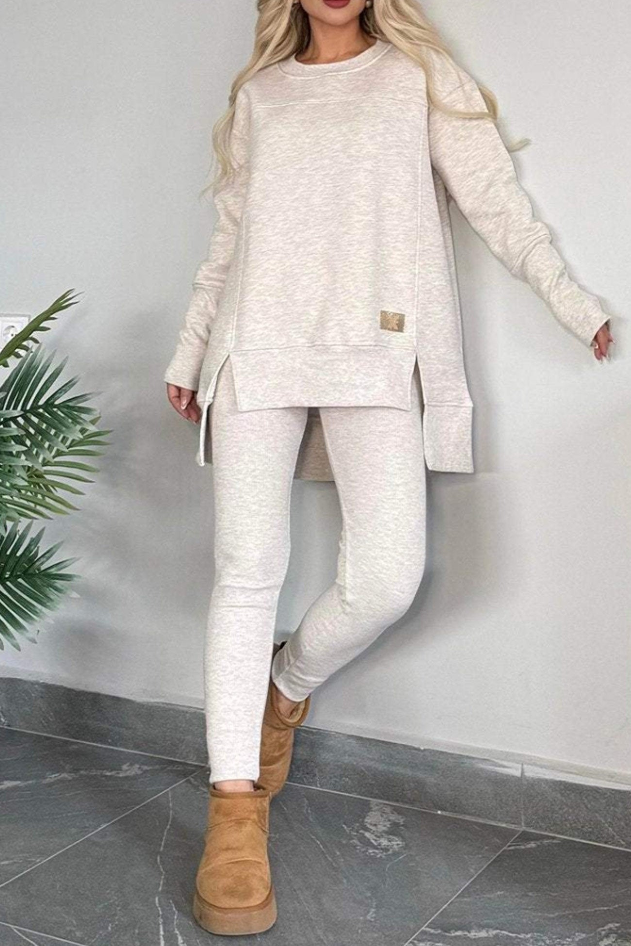 Slit High Low Hem Sweatshirt Bodycon Pants Set